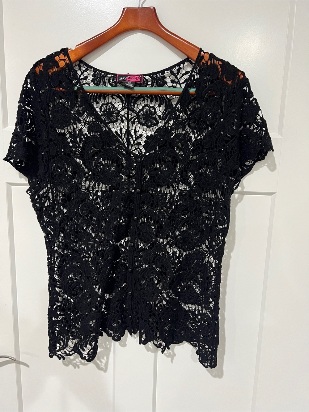 Say What? Black Crochet Lace V-Neck Short Sleeve Button Down Tunic Sz 2XL